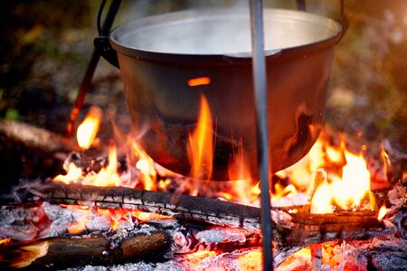 Cooking in a pot on a bonfire in the summer forest.の写真素材