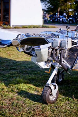 Light aircraft with a propeller to prepare for takeoff.の写真素材