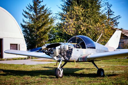 Light aircraft with a propeller to prepare for takeoff.の写真素材