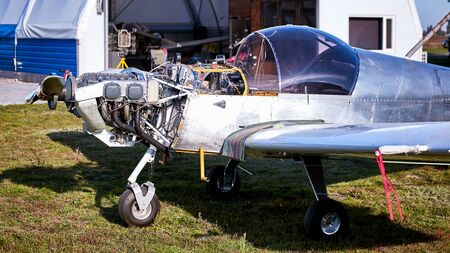 Light aircraft with a propeller to prepare for takeoff.の写真素材