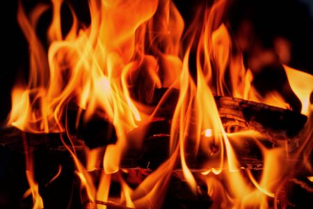 Tongues of flame on a black background in the fireplace.の写真素材