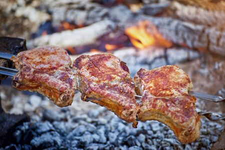 Cooking tasty meat on an open fire in nature.の写真素材