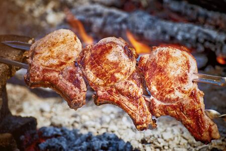 Cooking tasty meat on an open fire in nature.の写真素材