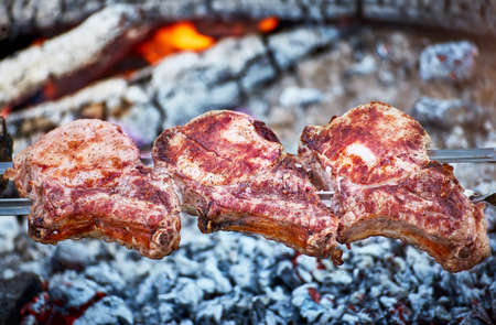 Cooking tasty meat on an open fire in nature.の写真素材