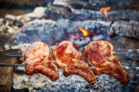 Cooking tasty meat on an open fire in nature.の写真素材