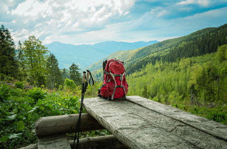 Hiking in the mountains with a backpack.の写真素材