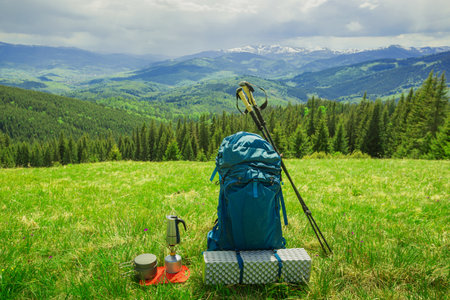 Hiking in the mountains with a backpack.の写真素材