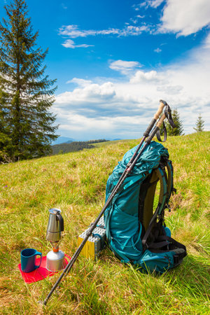 Hiking in the mountains with a backpack.の写真素材
