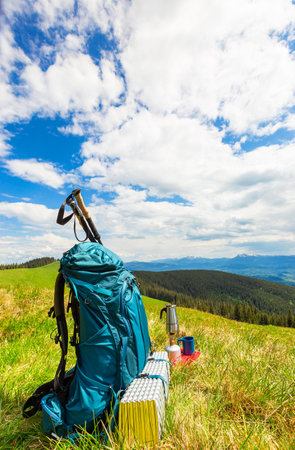 Hiking in the mountains with a backpack.の写真素材