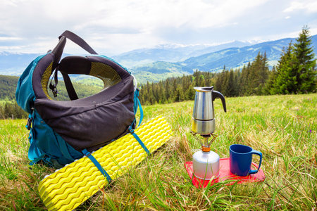 Hiking in the mountains with a backpack.の写真素材