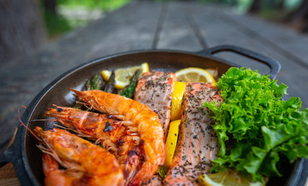 Healthy baked salmon steaks with greens and asparagus in a black cast iron skillet. A delicious low-carb breakfast.の写真素材