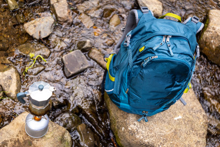 Hiking in the mountains with a backpack.の写真素材