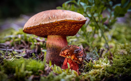 Autumn season of porcini mushroom picking.の写真素材