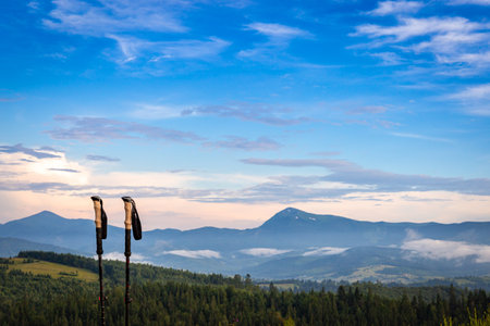 A hiking stick on the background of a picturesque view of mountains with peaks.の写真素材