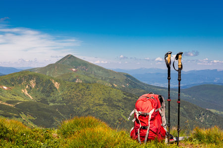 Picturesque view of mountain peaks, backpacking trip.の写真素材
