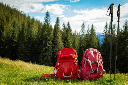 Hiking in the mountains with a backpack.の写真素材