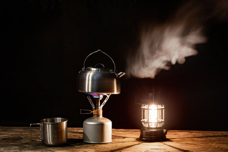 Hiking in the mountains, kettle on a gas burner.の写真素材