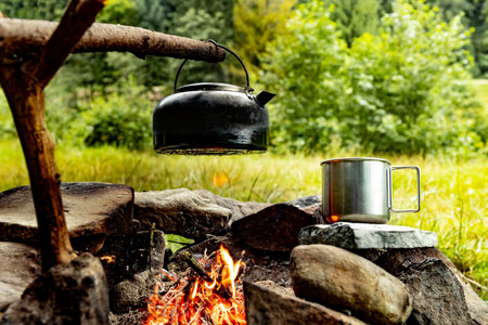 Coffee pot on a campfire during a hike in the mountains.