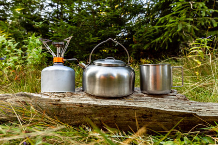 Equipment for camping and cooking on a mountain hike.の写真素材