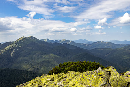 Panoramic view, peaks with clouds in the mountains.の写真素材