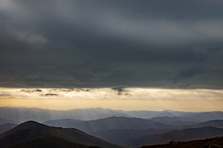 The most beautiful landscape with peaks in the background, sky with clouds at sunset.の写真素材