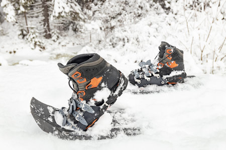 Snowshoes close-up, winter hiking in the mountains.の写真素材