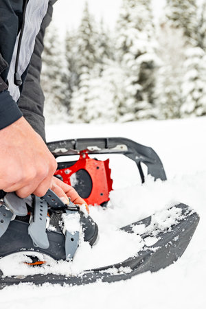 Snowshoes close-up, winter hiking in the mountains.の写真素材