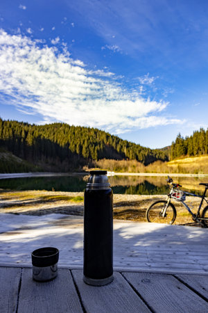 Cycling in a mountain park on a sunny day.の写真素材