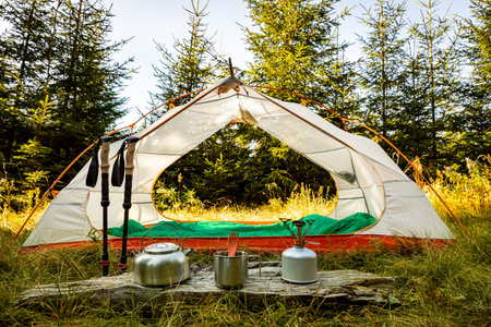 Equipment for camping and cooking on a mountain hike.の写真素材