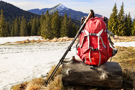 Hiking in the mountains in spring with a backpack and trekking poles along a mountain ridge.の写真素材