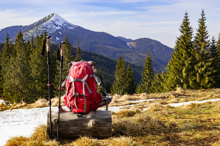 Hiking in the mountains in spring with a backpack and trekking poles along a mountain ridge.の写真素材