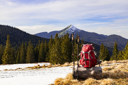 Hiking in the mountains in spring with a backpack and trekking poles along a mountain ridge.の写真素材