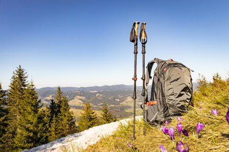 Picturesque view of mountain peaks in spring, hiking with a backpack.の写真素材