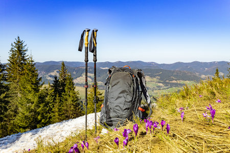 Picturesque view of mountain peaks in spring, hiking with a backpack.の写真素材