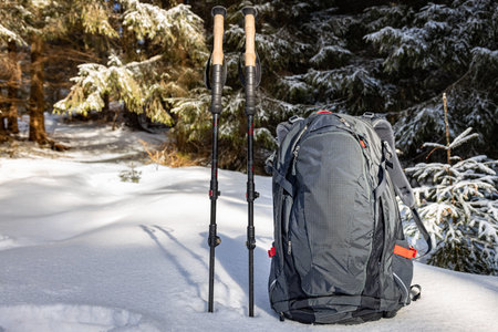 Early spring hike with a backpack and trekking poles along a mountain ridge.の写真素材