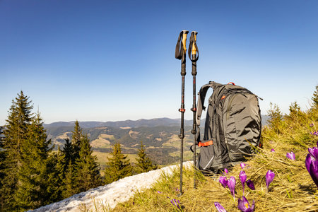 Picturesque view of mountain peaks in spring, hiking with a backpack.の写真素材
