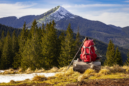 Hiking in the mountains in spring with a backpack and trekking poles along a mountain ridge.の写真素材