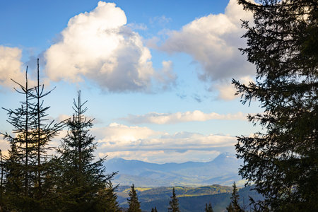 The most beautiful landscape in the mountains, the sky with clouds on a sunny day.の写真素材