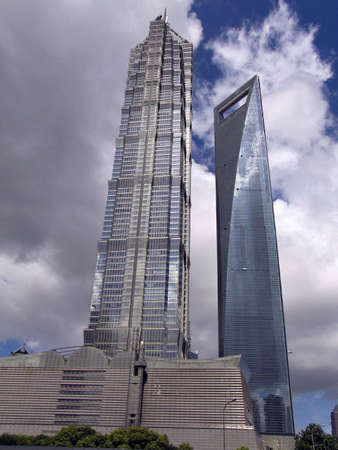 Two skyscrapers in Shanghai,The Jin Mao Tower on the left and Shanghai World Financial Center on the...