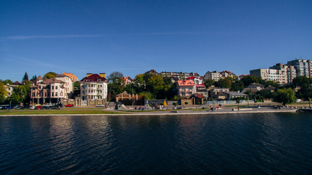 Aerial view of the green picturesque town on the shore of the lake. Ternopil. Ukraineの写真素材