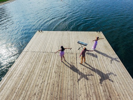 Aerial view from above to the embankment, beach and skate park near the lake. Health zone.の写真素材