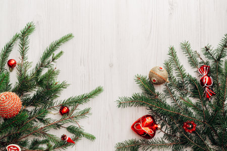 Christmas Composition on a White Wooden Table with Copy Spaceの写真素材