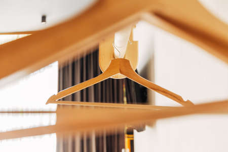 Hotel room Wood finish. Beautiful interior with wooden doorsの写真素材