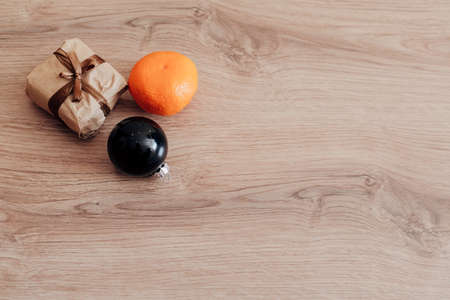 Christmas Tree Branches and on a Wooden Background with Copy Spaceの写真素材
