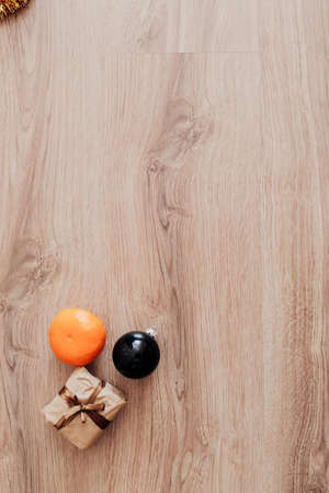 Christmas Tree Branches and on a Wooden Background with Copy Spaceの写真素材