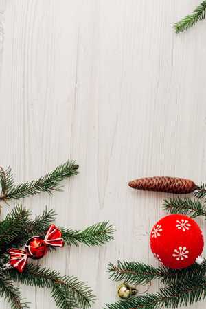 Christmas Composition on a White Wooden Table with Copy Spaceの写真素材