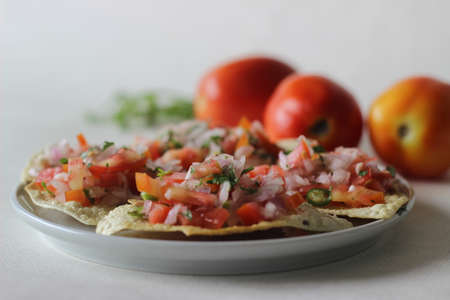 Crisp and fried papads topped with a masala filling of onions, tomatoes and spices. Popular starter from North India commonly known as masala papad. Shot on white background.の写真素材
