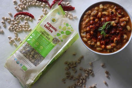 Mumbai, Maharashtra, India, July 24 2021: Organic tattva packaging for white cowpea beans also known as black eyed peaのeditorial素材