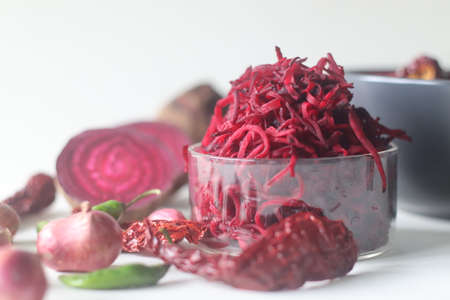 Grated beetroot, main ingredient of beetroot raita or pachadi. A yogurt based beetroot side dish. A...