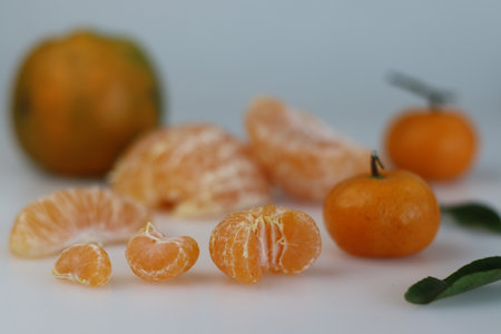 A few Clementine fruits along with oranges. Clementine is a tangor, a citrus fruit hybrid between willowleaf mandarin orange and sweet orange. It is very small in comparison to the Orange kept near itの写真素材